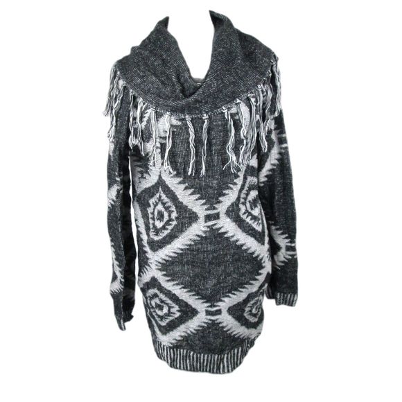 Dream Catcher Sweater Dress L Geometric Black Gray Cowl Neck Fringe (RK110) - Picture 1 of 9